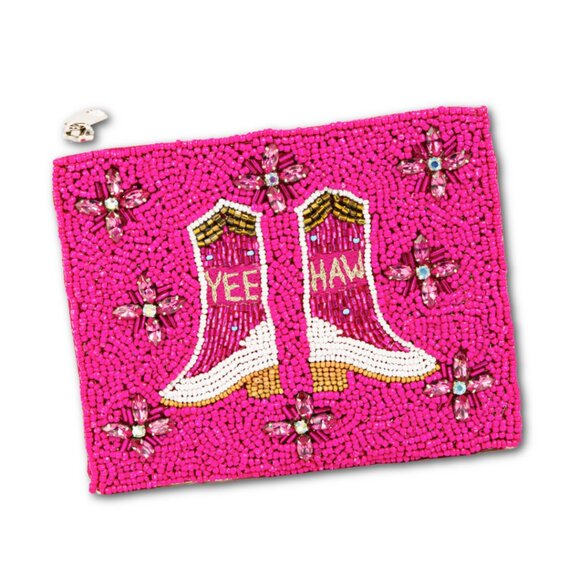 Yee Haw Western Cowgirl Sparkle Beaded Pouch Wallet Bag Pink NEW Gift NWT - Picture 2 of 4